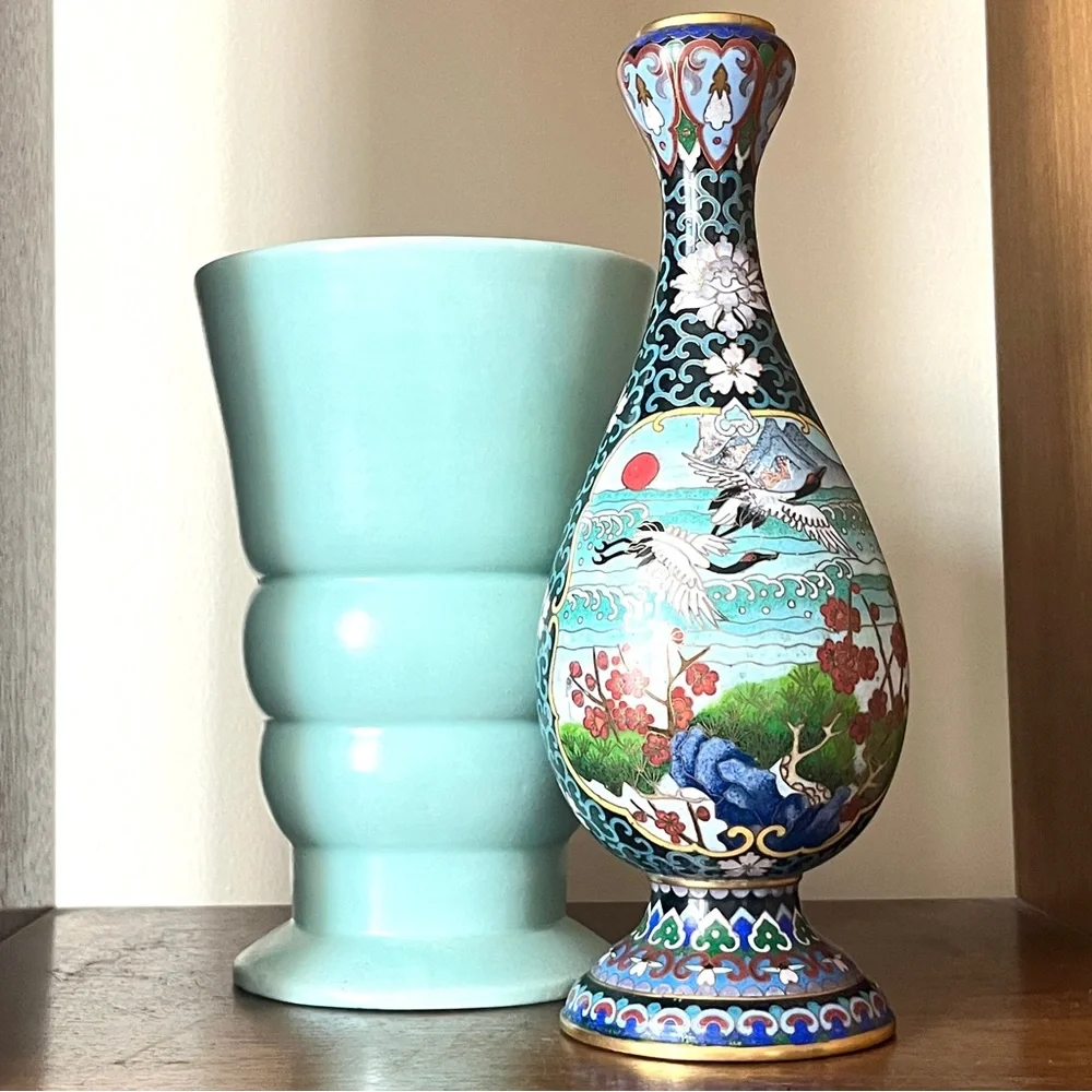 Antique Chinese Cloisonné Vase Colorful Enamel Crane Egret Birds Cherry Blossoms
